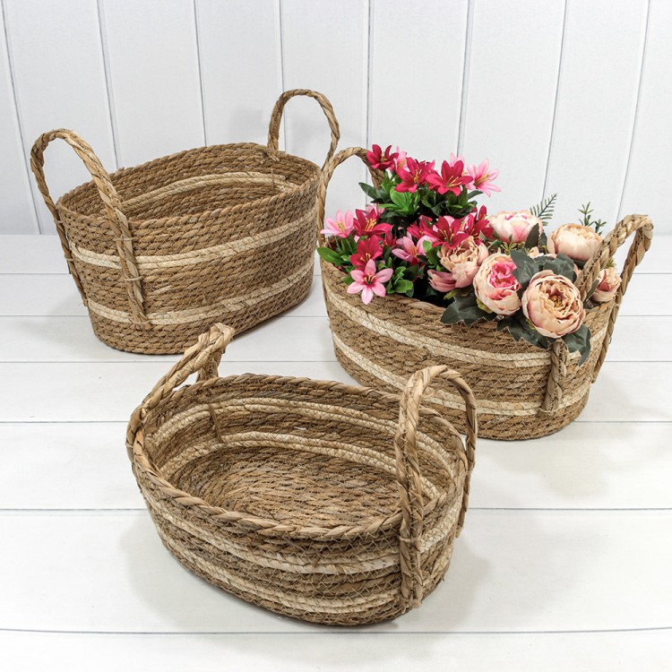 Корзины плетёные Овальные Набор 1/3 38*26*18 (±5%) из камыша с ручками (251) Натуральный 1/8 Арт: 420116/251
