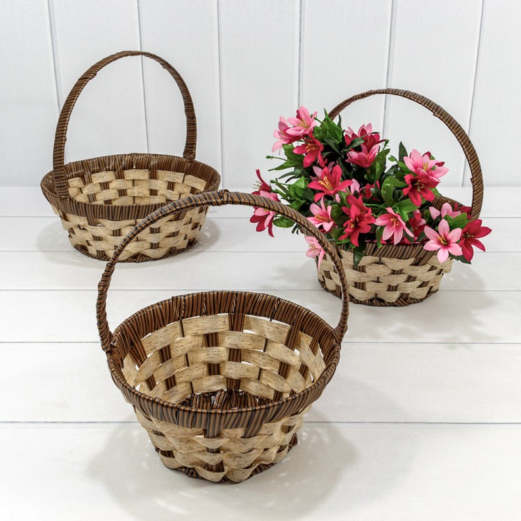 Корзины плетёные Круглые Набор 1/3 25*10/27 (±5%) из пластика с ручкой Коричневый/Бежевый 1/20 Арт: 420178/2197