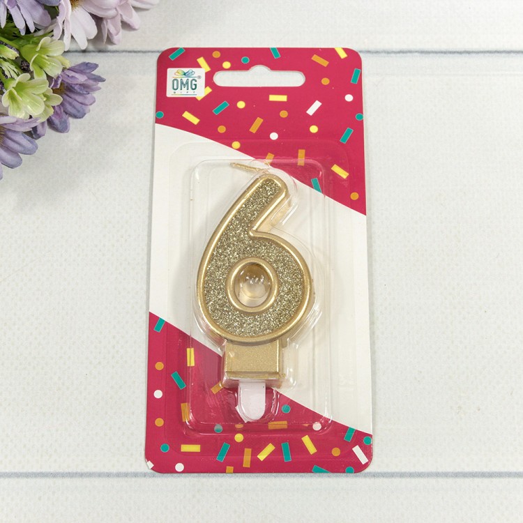 Свеча для торта Цифра 6 с блёстками 7см Золотой 1/12 1/120 Арт: 20010-81/6