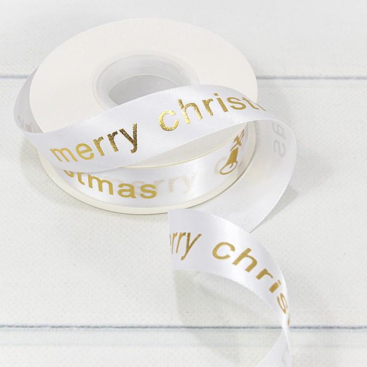 Лента Атласная Полиэстер "Merry Christmas" 2,5см*25ярд Белый 1/5 1/100 Арт: 540-25/1