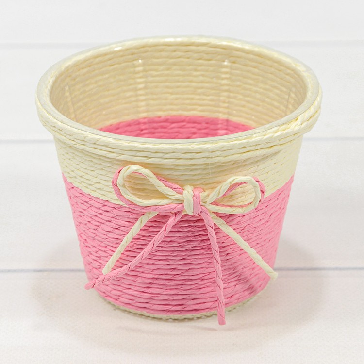 Кашпо плетёное Круглое 12*9 (±5%) из бумаги с бантиком Розовый 1/80 Арт: 420145/2